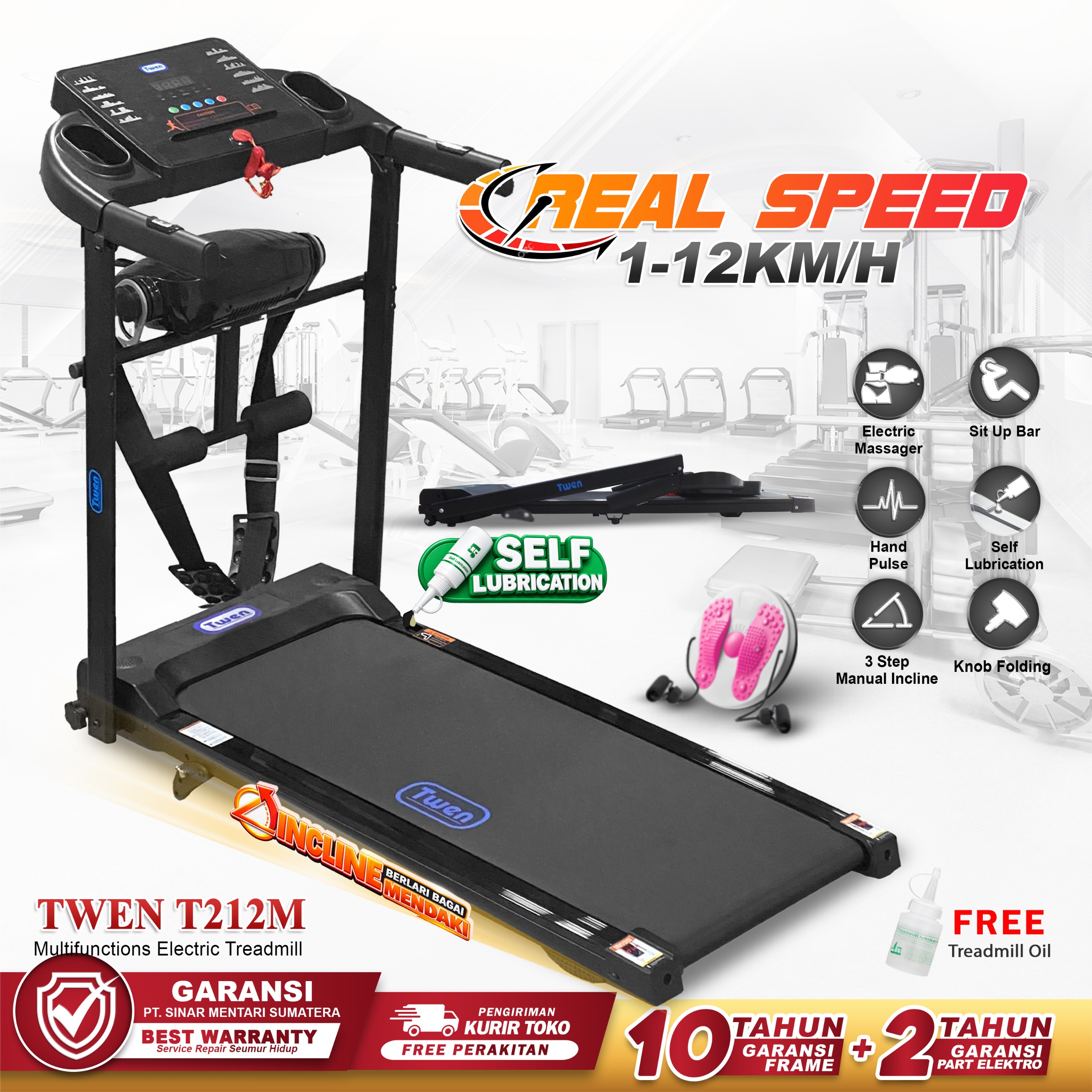 TWEN T212M Real Treadmill Listrik Multifungsi Treadmill Portable Treadmill Multifungsi Treadmil Lipat Alat Olahraga