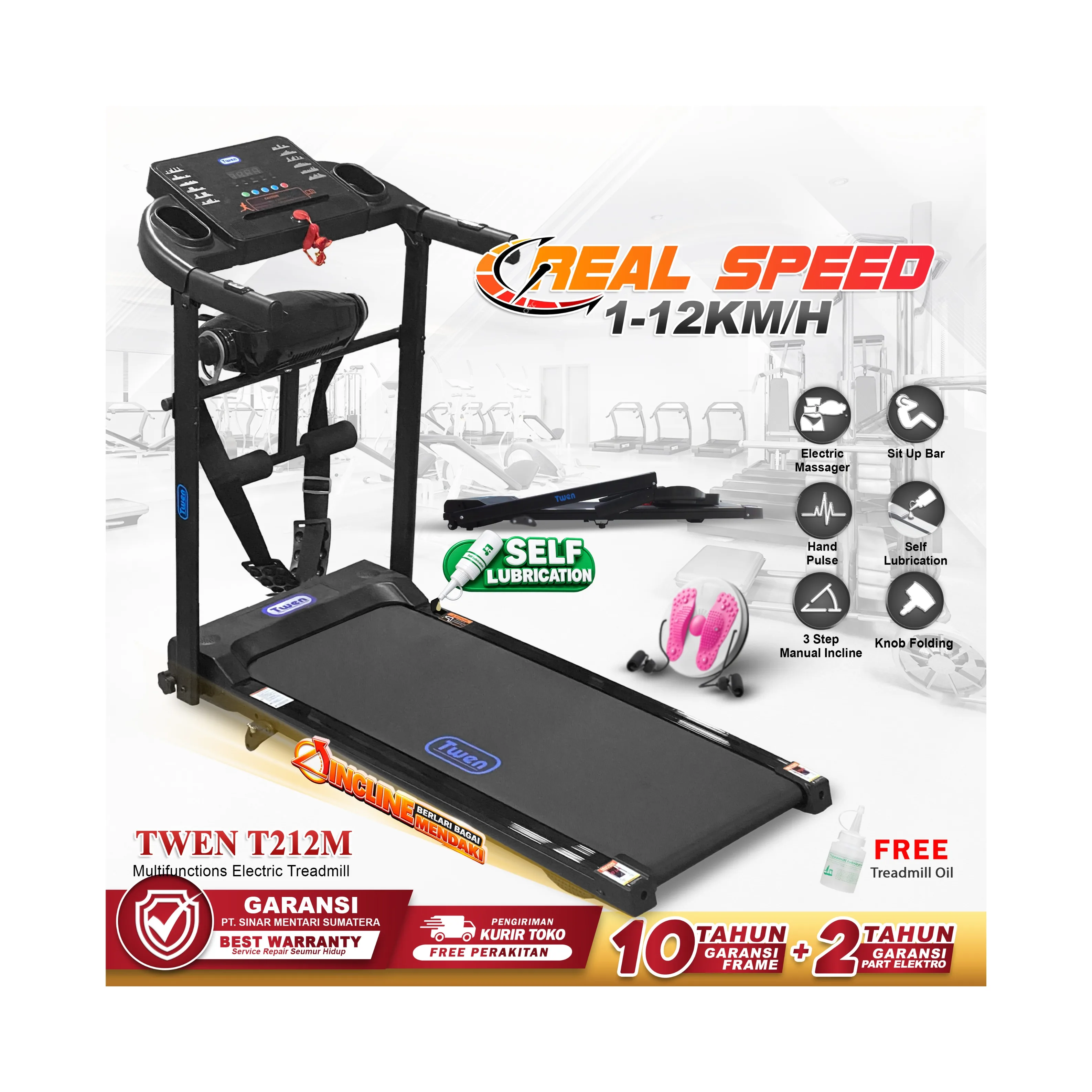TWEN T212M Real Treadmill Listrik Multifungsi Portable Treadmil