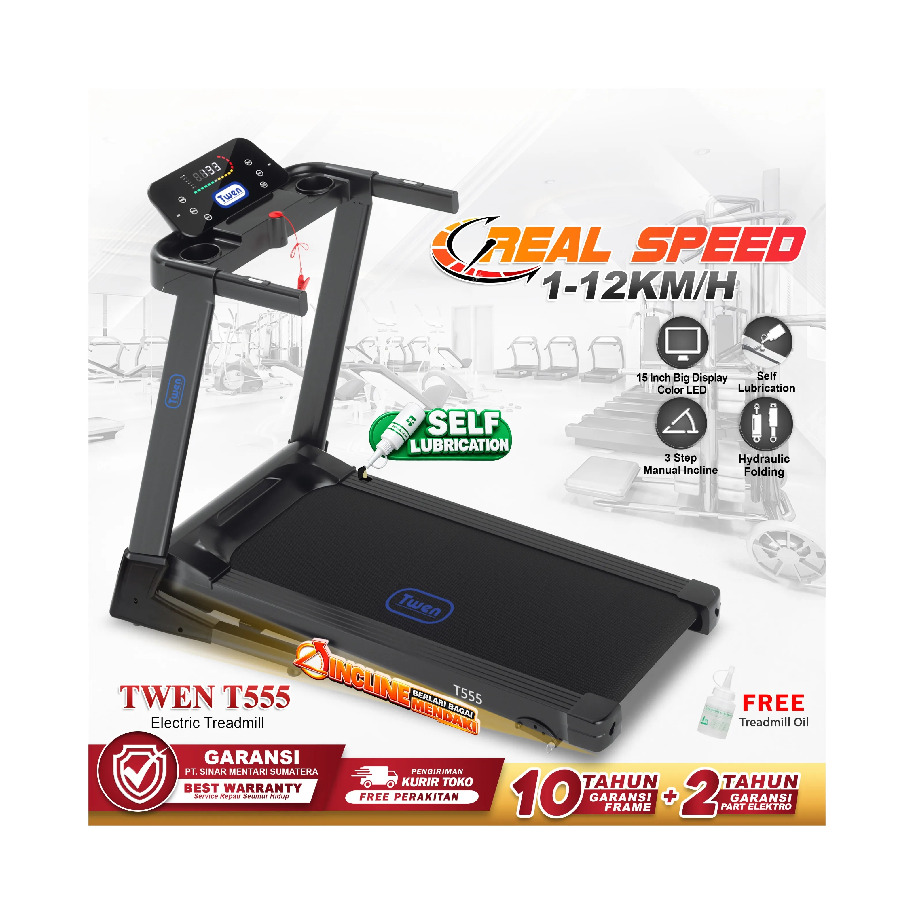 TWEN T555 Treadmill Listrik Portable Multifungsi Treadmil Lipat