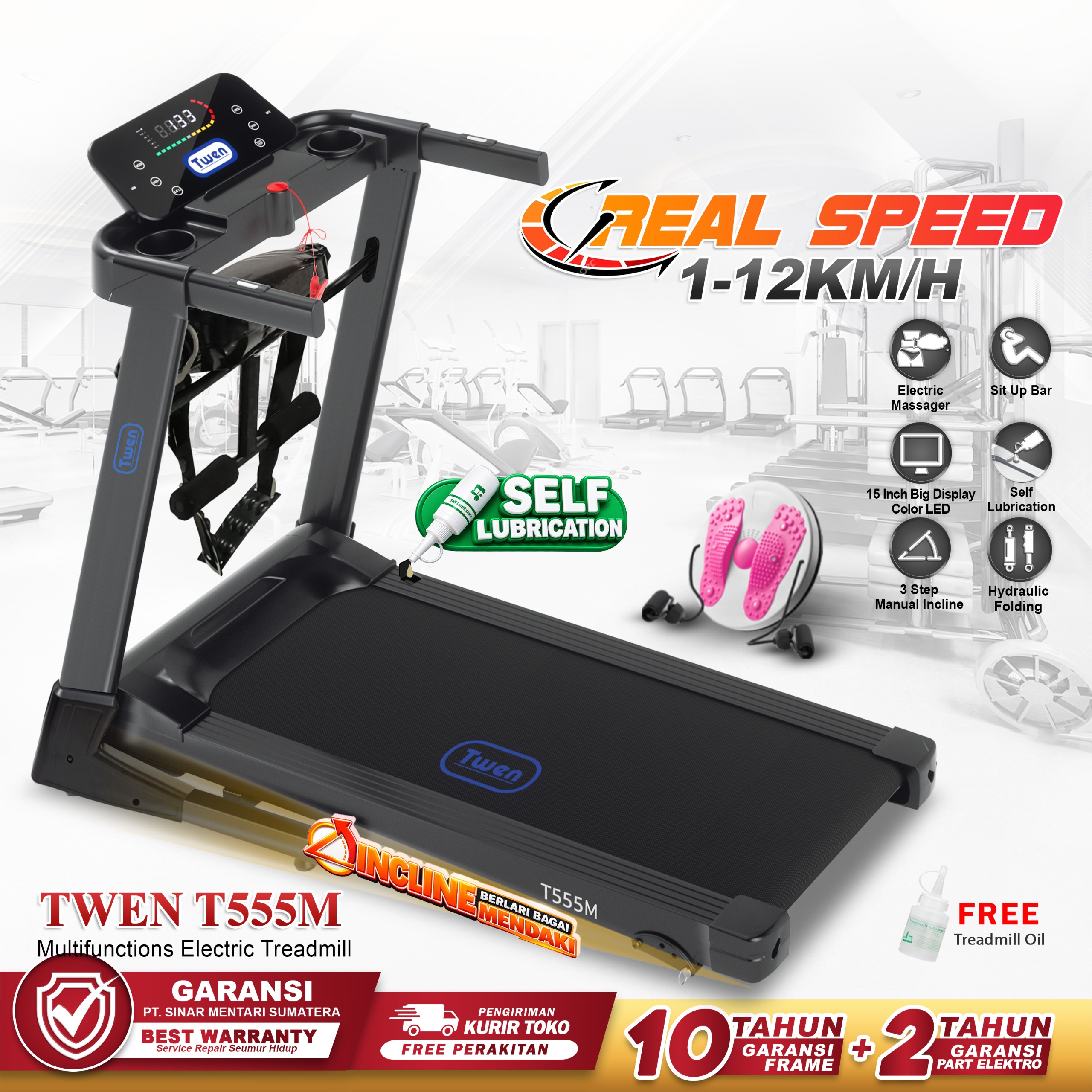 TWEN T555 Multi Treadmill Listrik Multifungsi Treadmill Portable Treadmill Multifungsi Treadmil Lipat Alat Olahraga