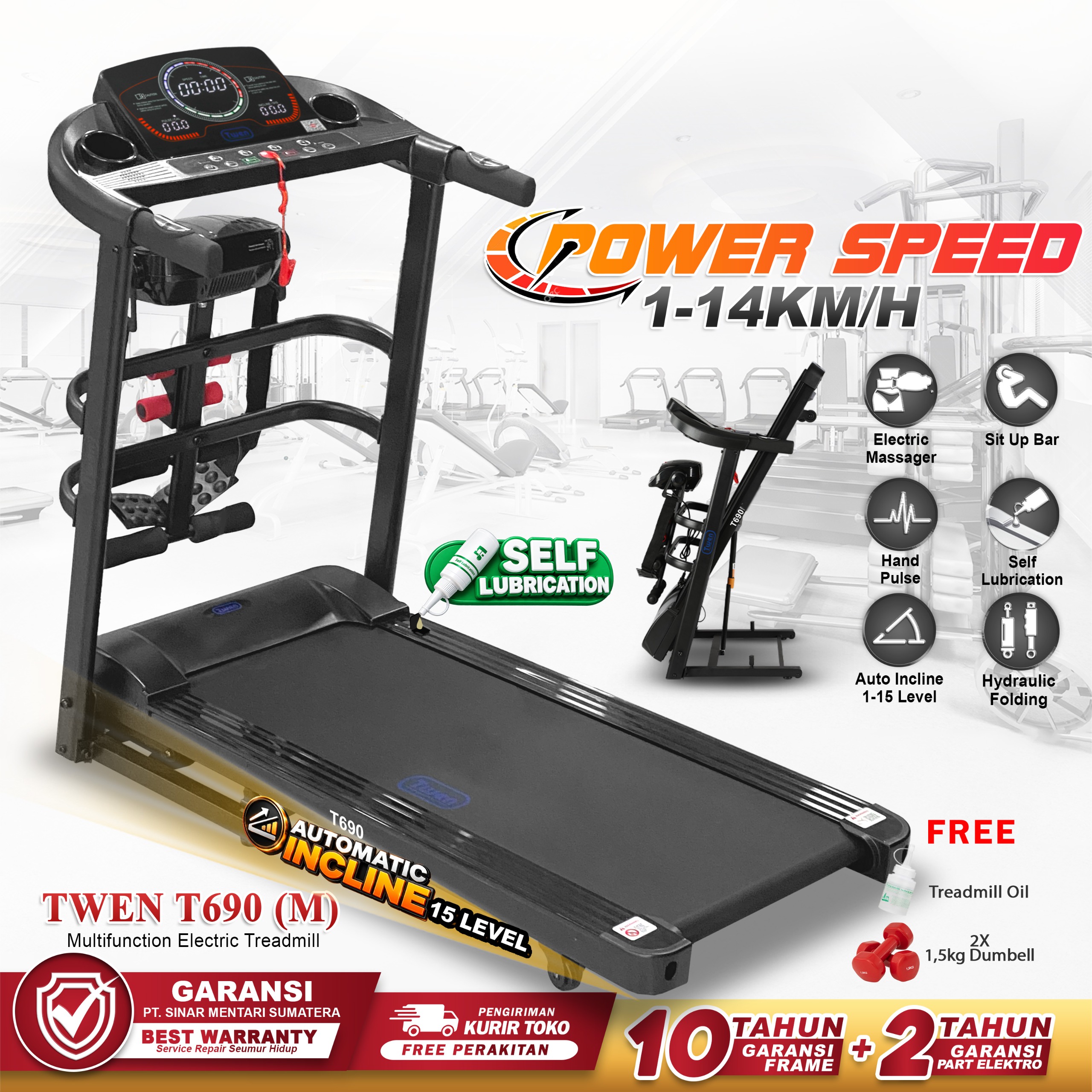 TWEN T690M Treadmill Listrik Multifungsi Treadmill Portable Treadmill Multifungsi Treadmil Lipat Alat Olahraga