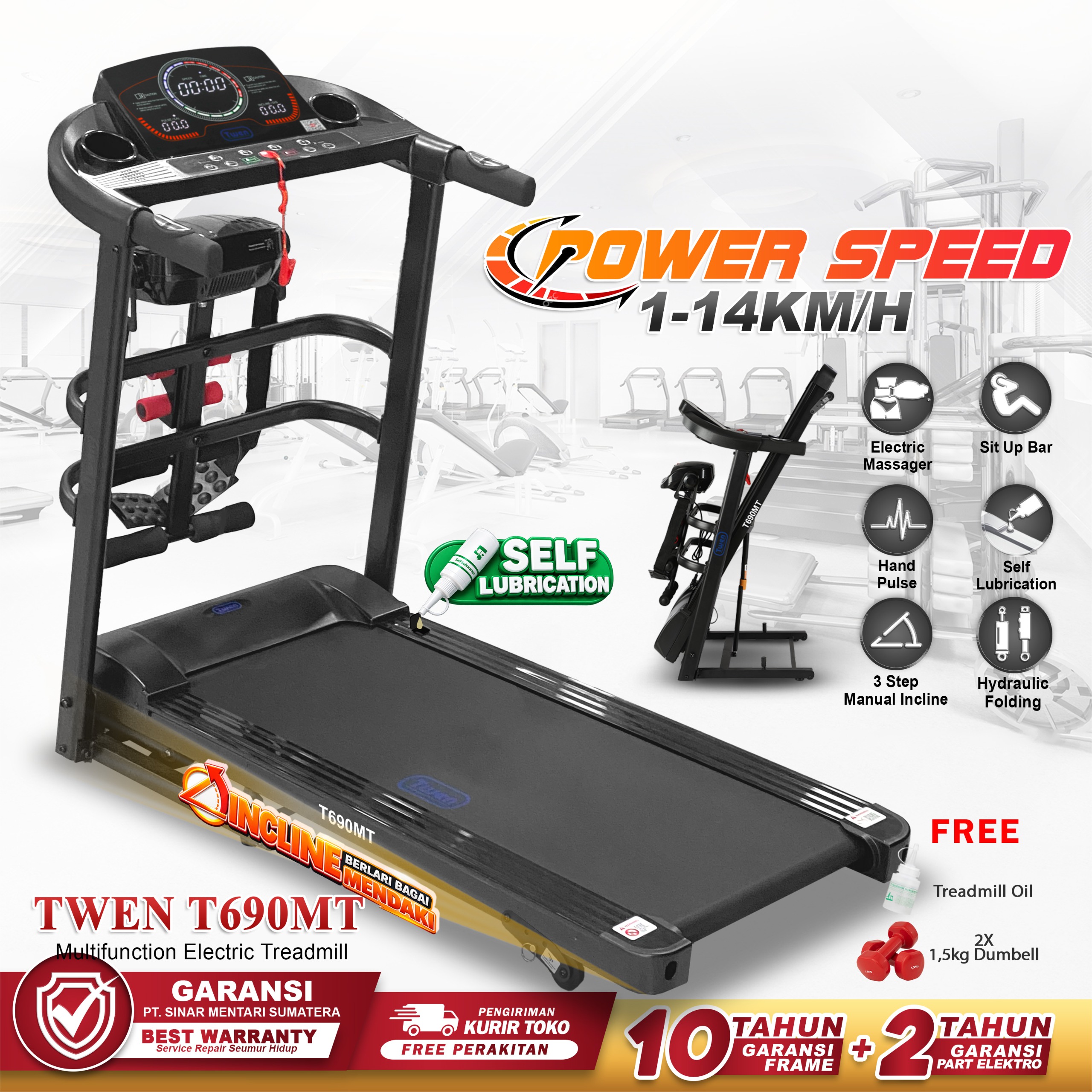TWEN T690MT Treadmill Listrik Multifungsi Treadmill Portable Treadmill Multifungsi Treadmil Lipat Alat Olahraga