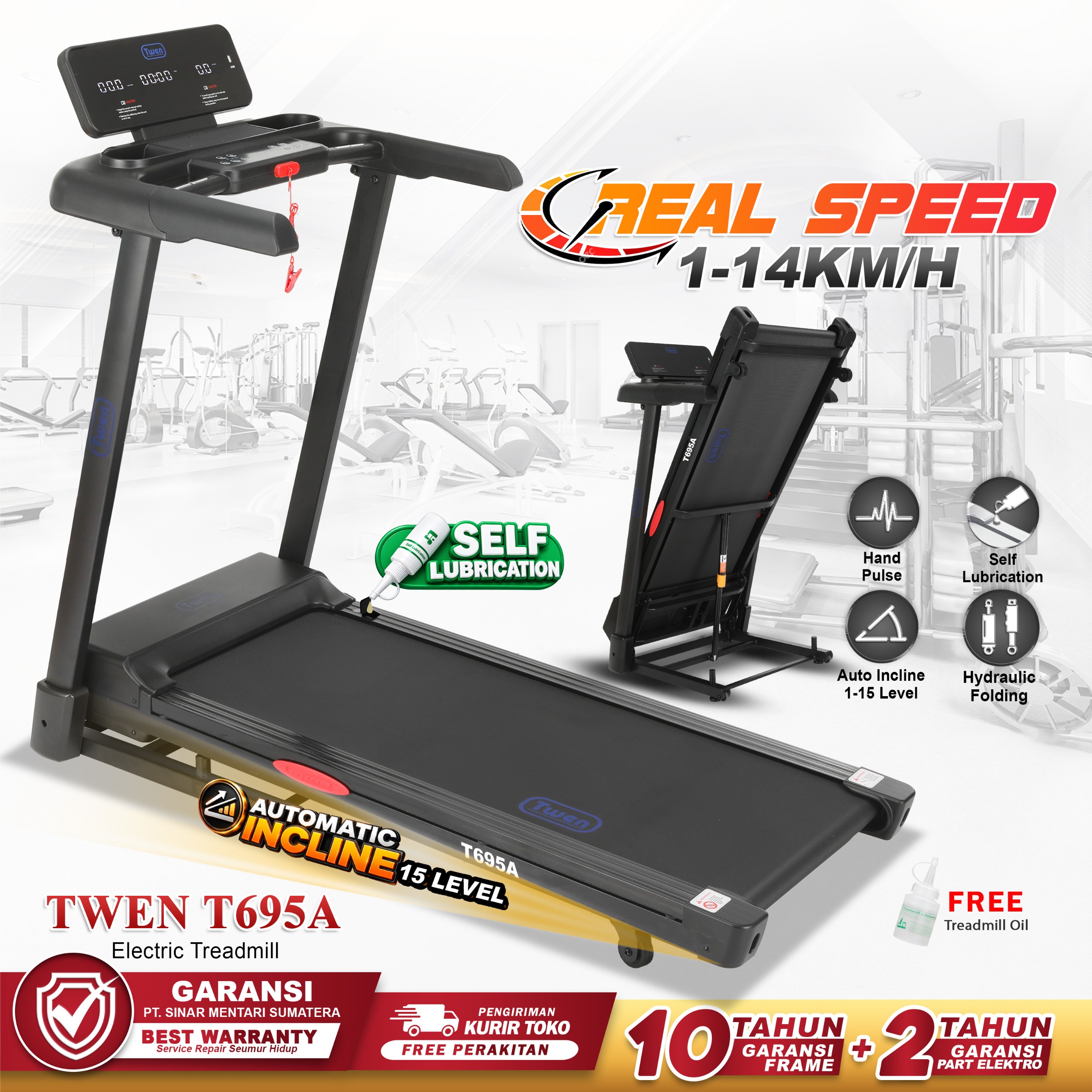 TWEN T695A Treadmill Listrik Multifungsi Treadmill Portable Treadmill Multifungsi Treadmil Lipat Alat Olahraga