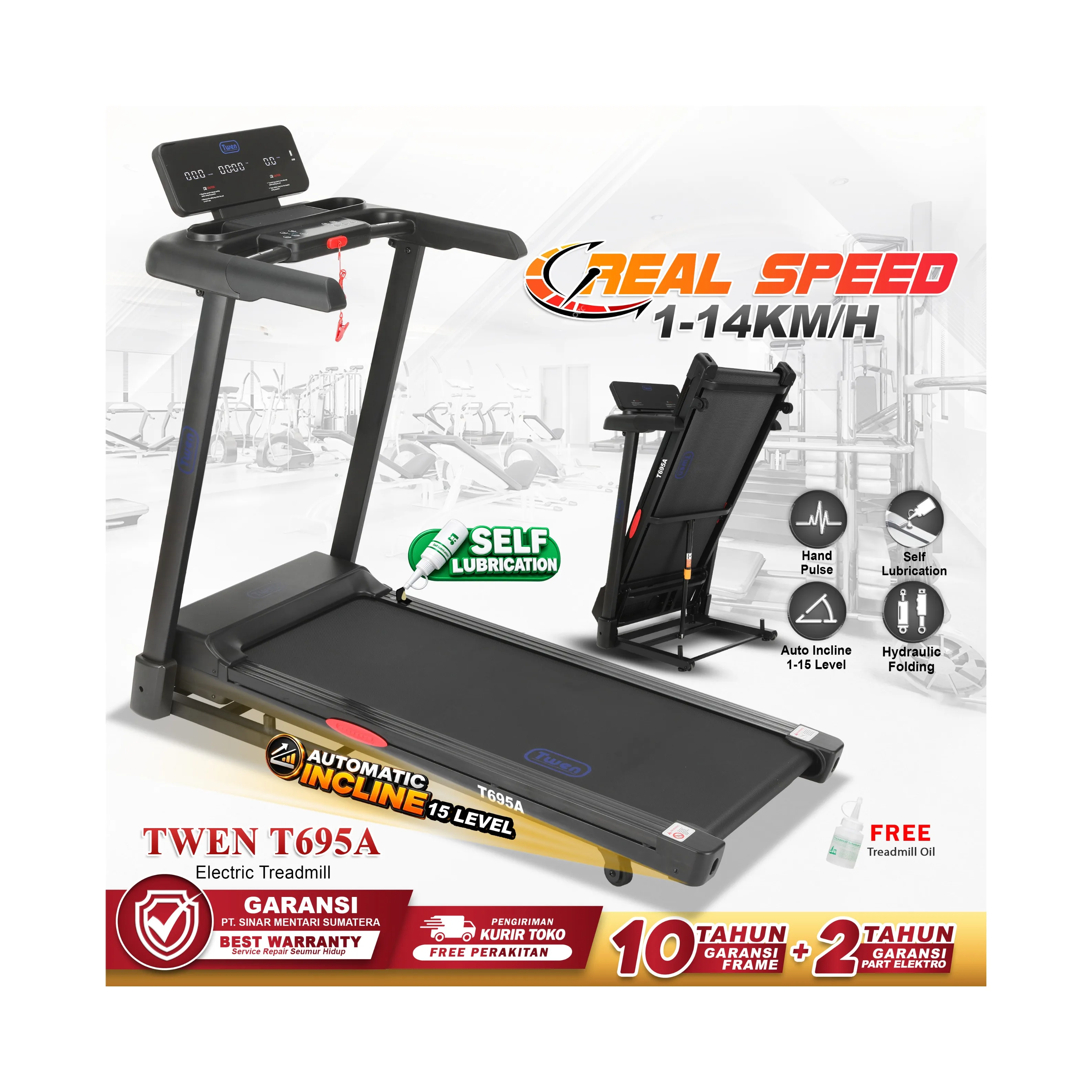 TWEN T695A Treadmill Listrik Multifungsi Portable Treadmil Lipat
