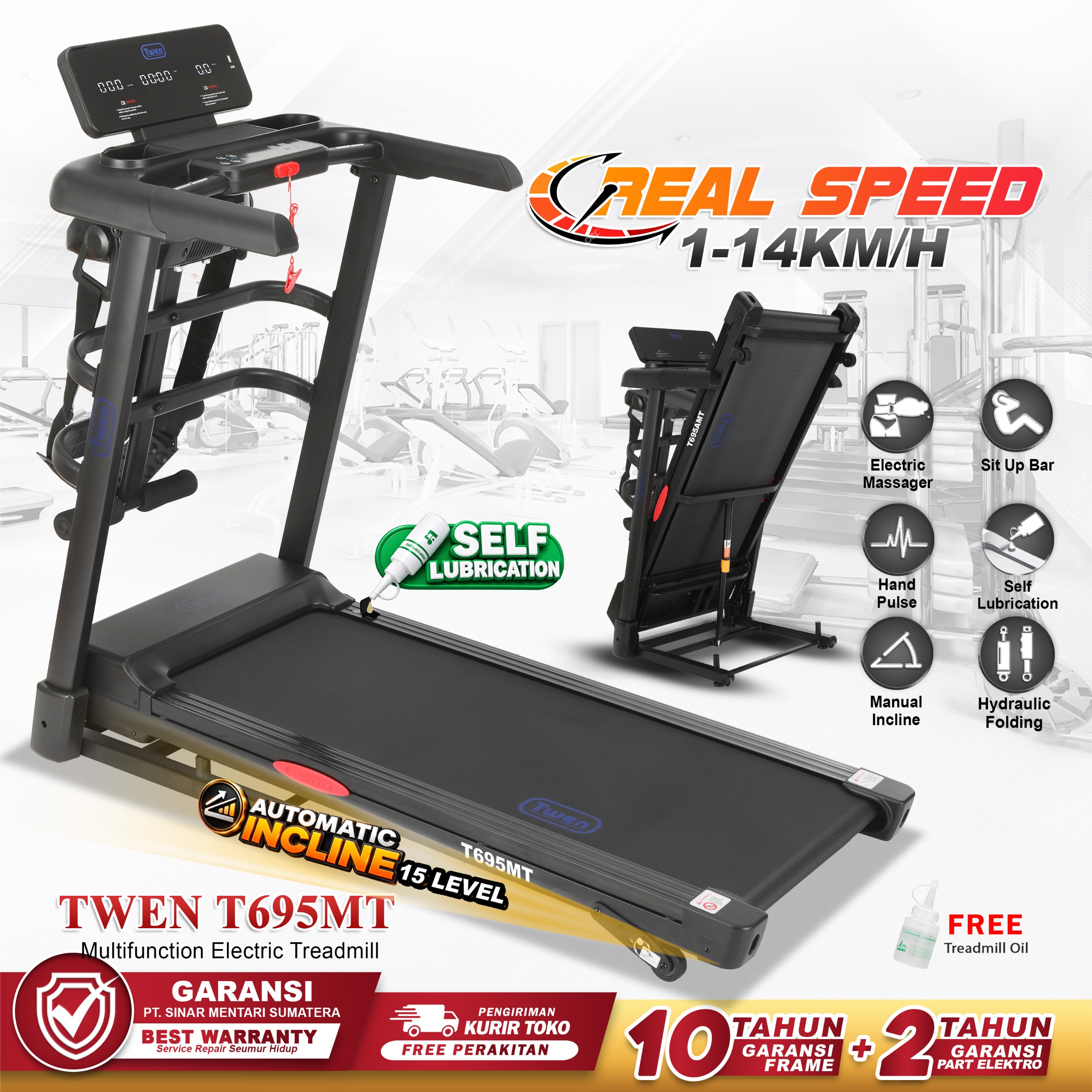 TWEN T695MT Treadmill Listrik Multifungsi Treadmill Portable Treadmill Multifungsi Treadmil Lipat Alat Olahraga