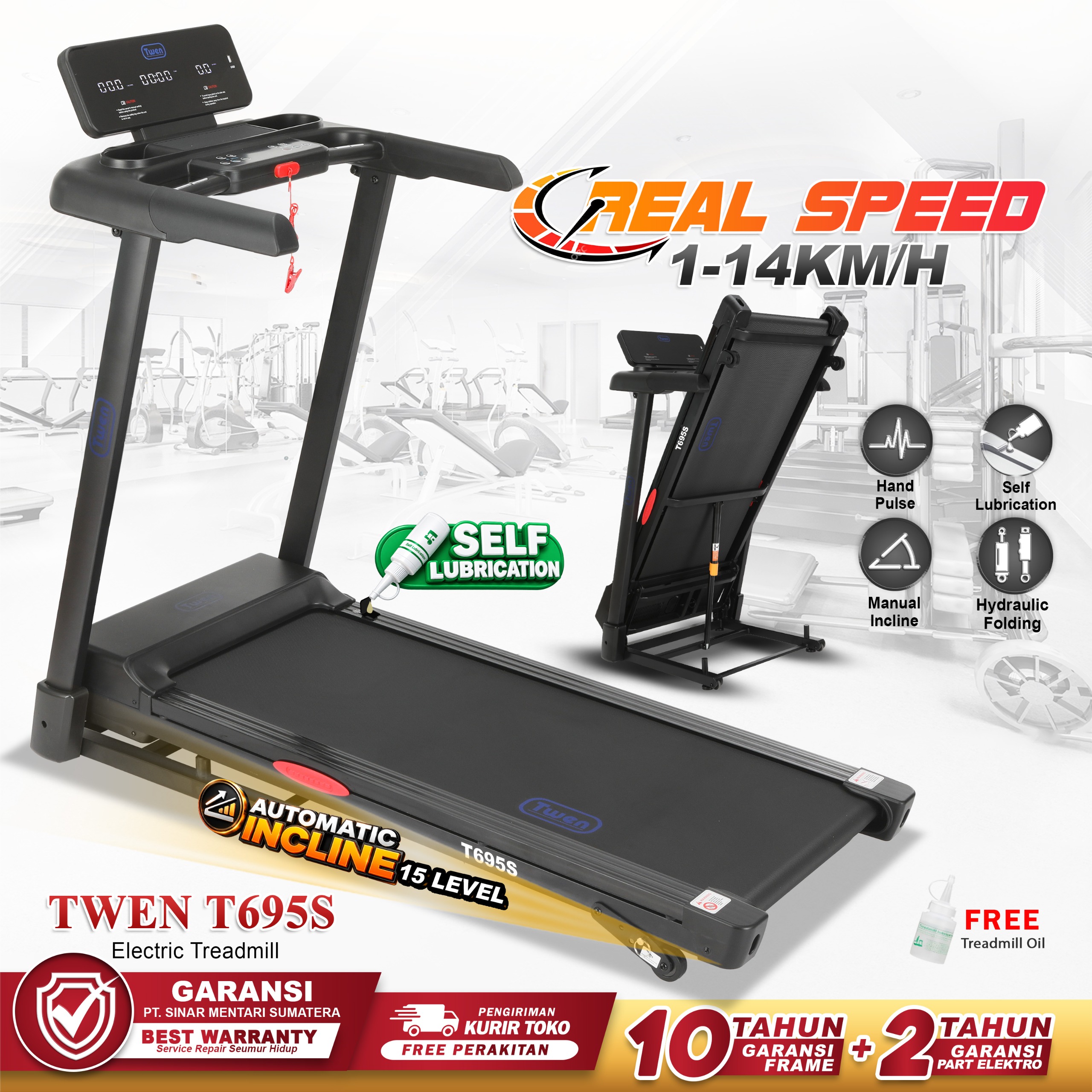 TWEN T695S Treadmill Listrik Multifungsi Treadmill Portable Treadmill Multifungsi Treadmil Lipat Alat Olahraga