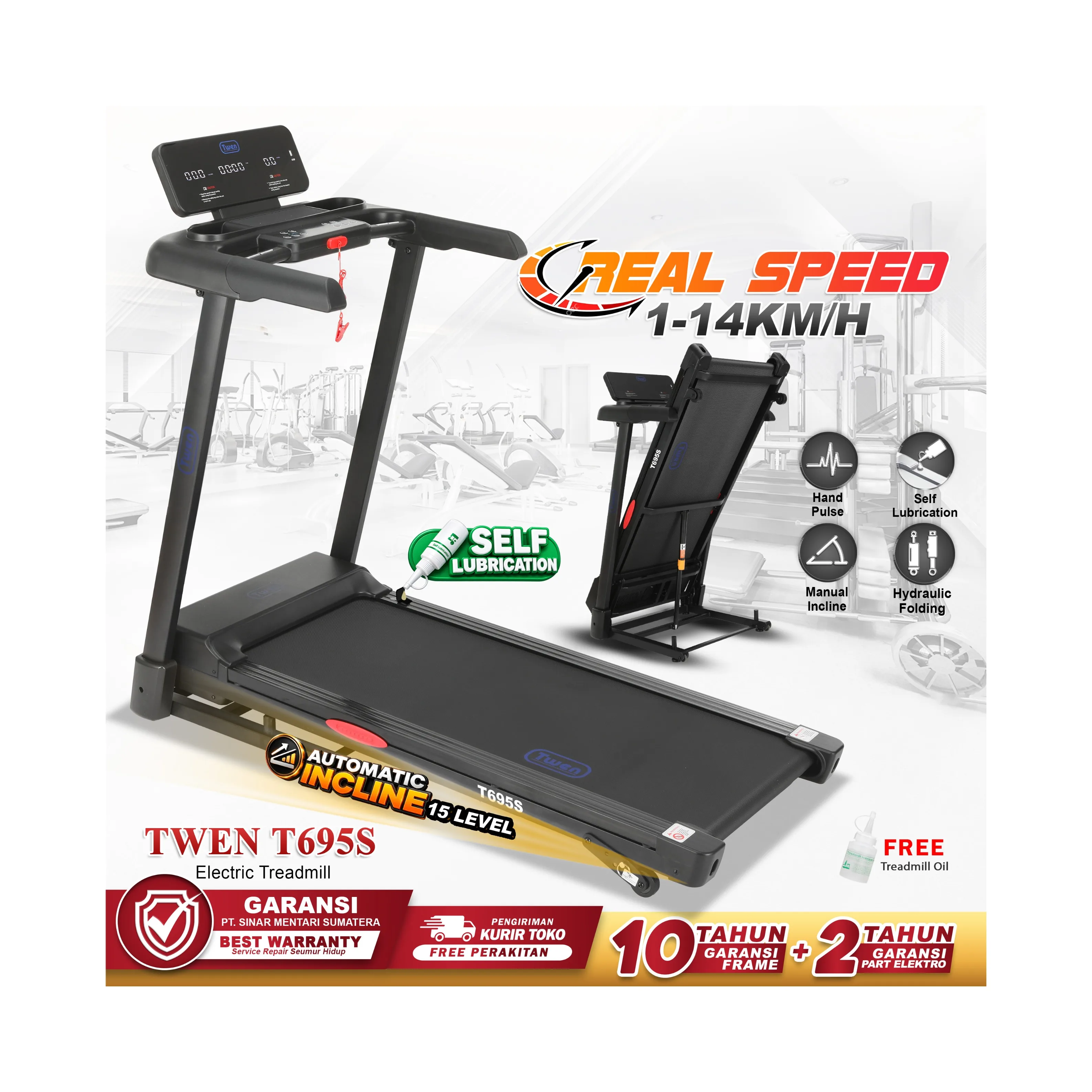 TWEN T695S Treadmill Listrik Multifungsi Portable Treadmil Lipat