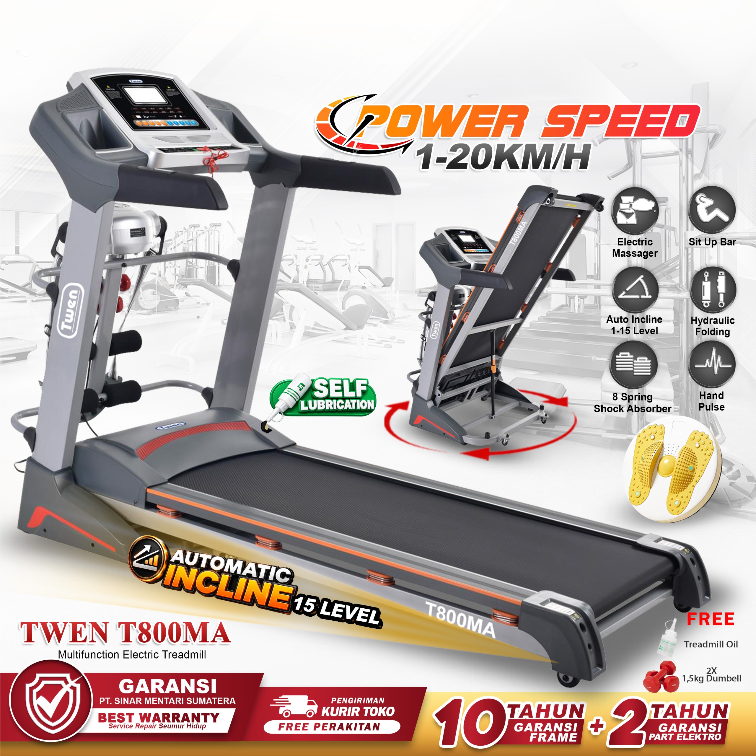 TWEN T800MA Treadmill Listrik Multifungsi Treadmill Portable Treadmill Multifungsi Treadmil Lipat Alat Olahraga