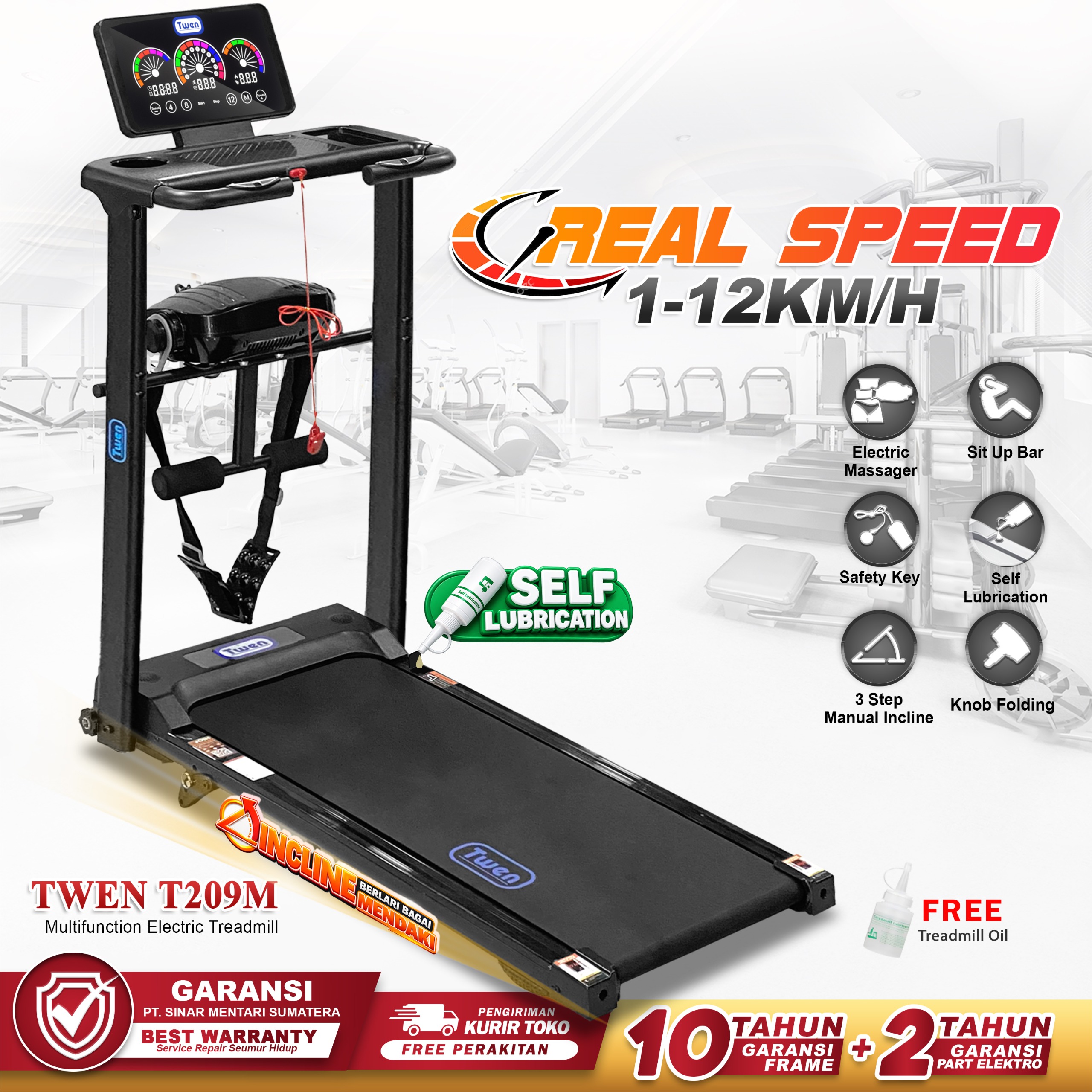 TWEN T209M Treadmil Listrik Multifungsi Treadmill Portable Treadmill Multifungsi Treadmil Lipat Alat Olahraga
