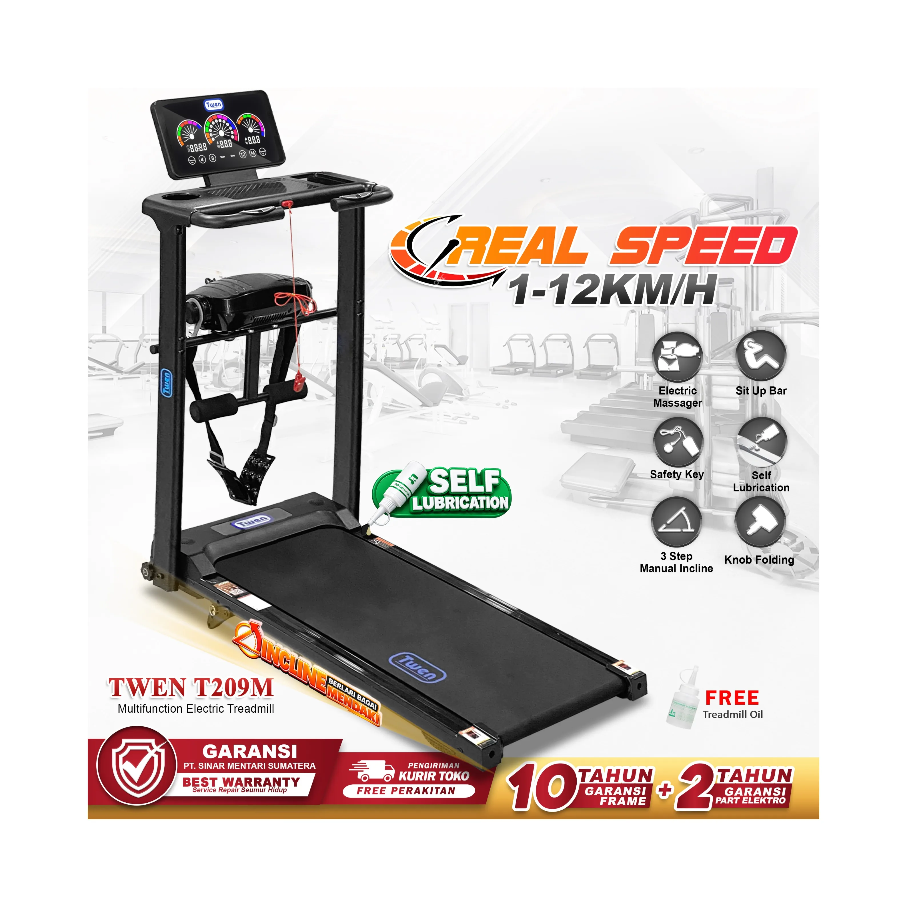 TWEN T209M Treadmil Listrik Multifungsi Treadmill Portable Lipat