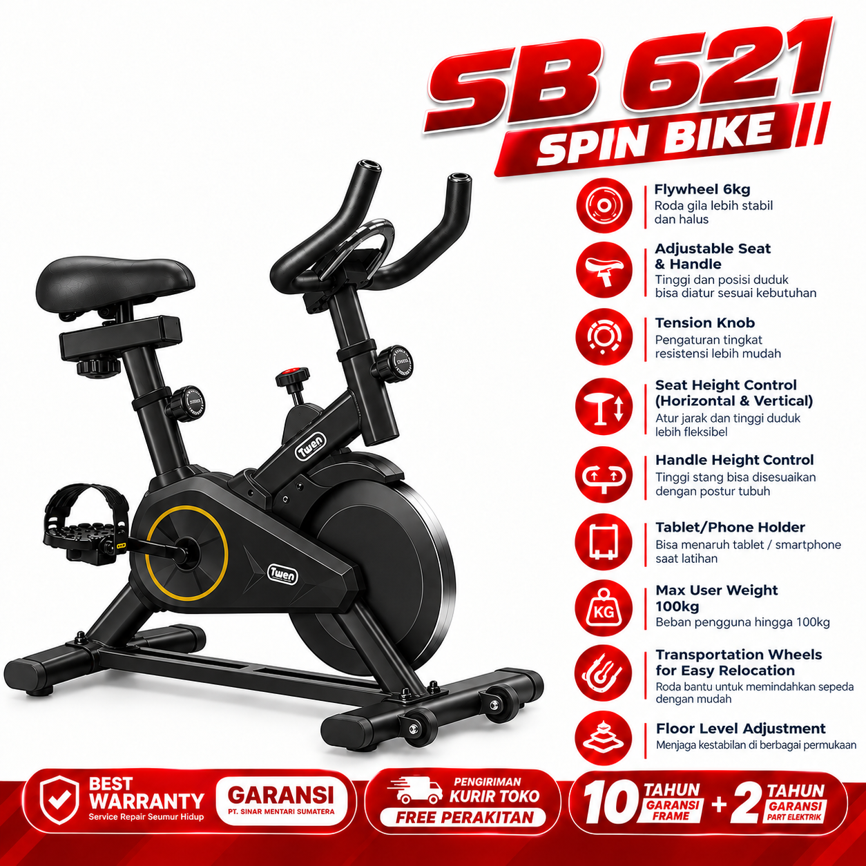 Sepeda Statis Twen SB621 Hitam Spinning Bike Kardio Alat Fitness - SB621