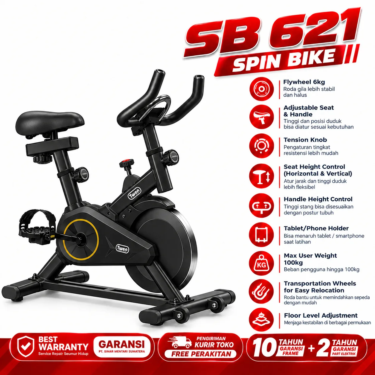 Sepeda Statis Twen SB621 Hitam Spinning Bike Kardio Alat Fitness