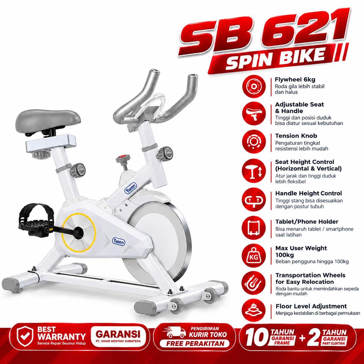 Sepeda Statis Twen SB621 Putih Spinning Bike Kardio Alat Fitness Gambar produk 1