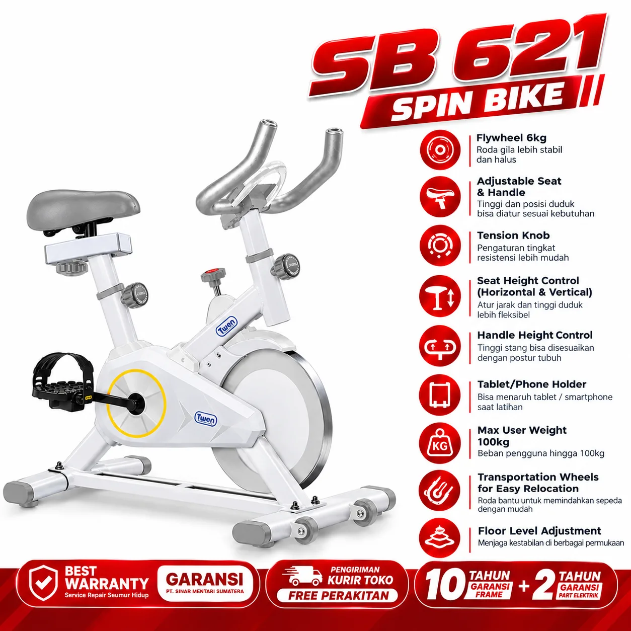 Sepeda Statis Twen SB621 Putih Spinning Bike Kardio Alat Fitness