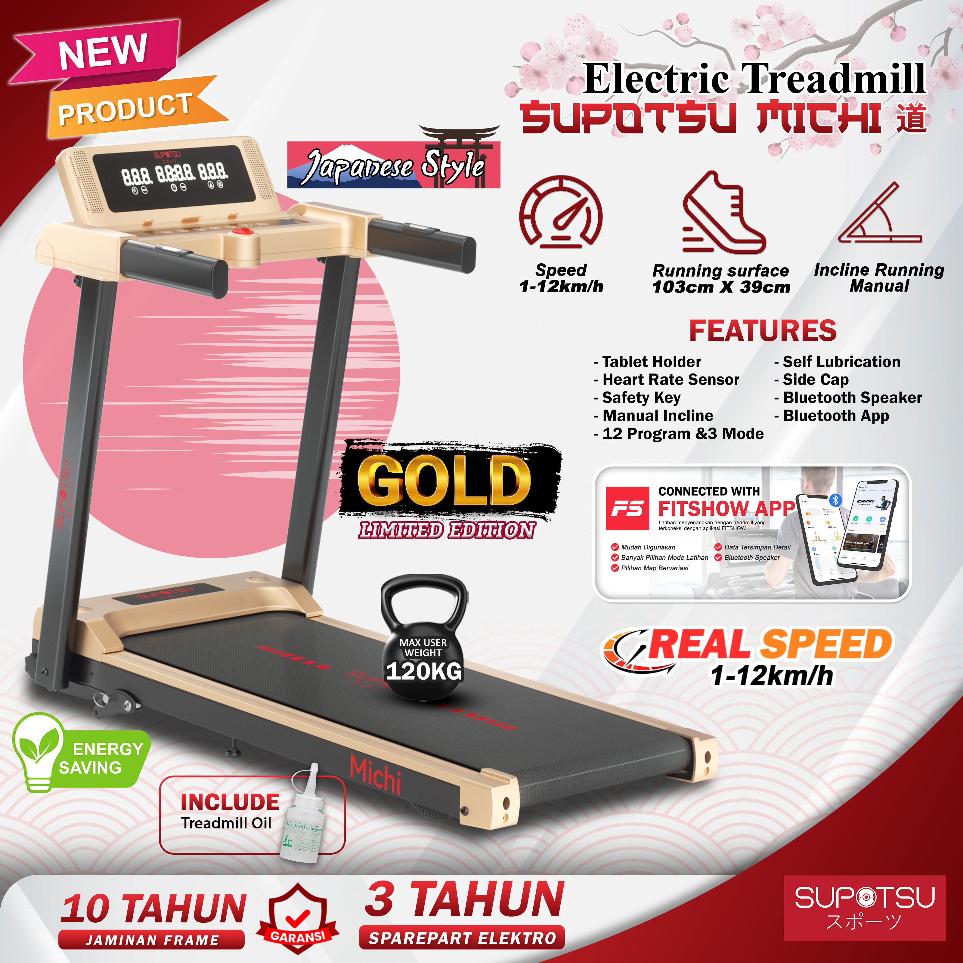 SUPOTSU MICHI GOLD Treadmill Elektrik Terbaru