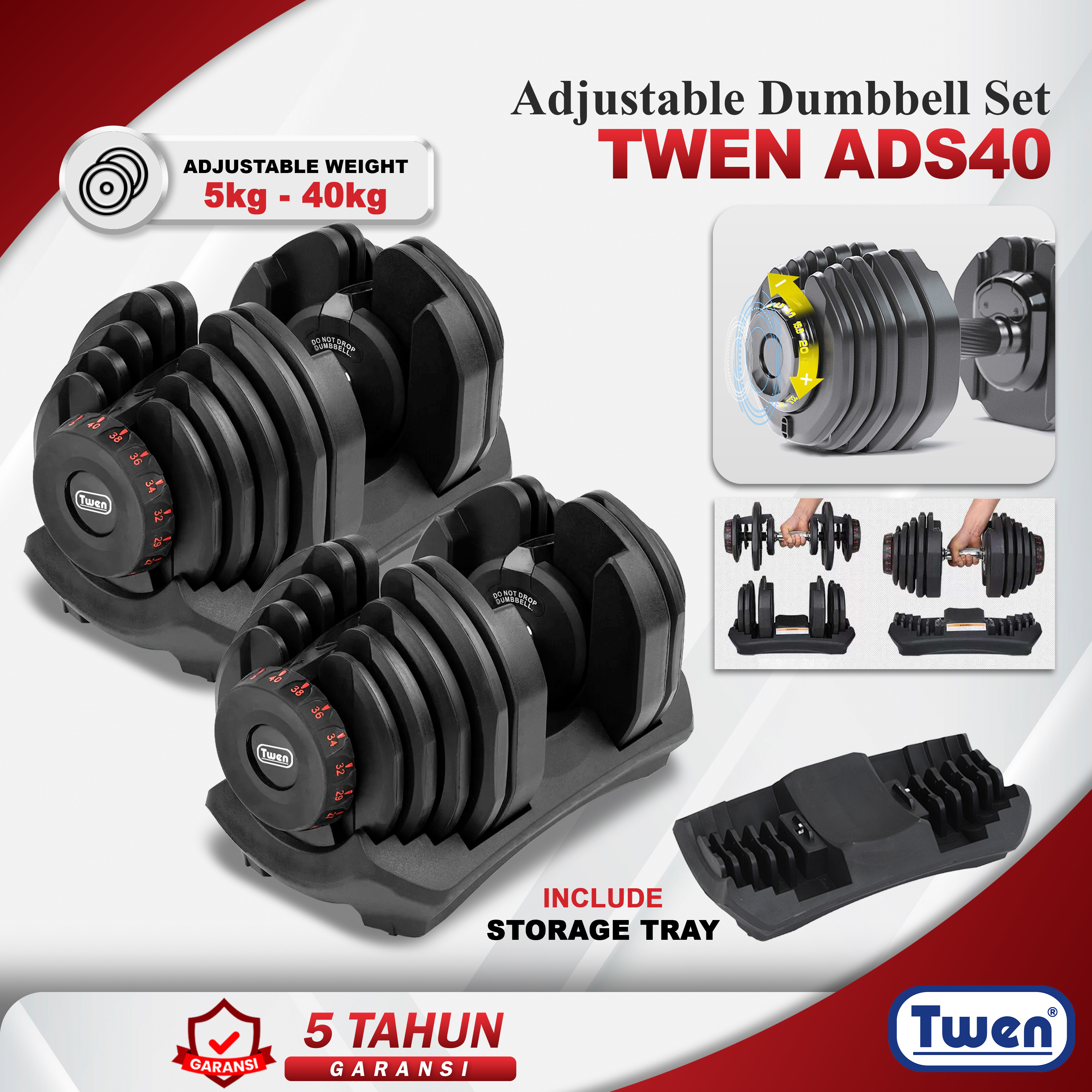 Twen Adjustable Dumbbell Set 40kg (2 Set)
