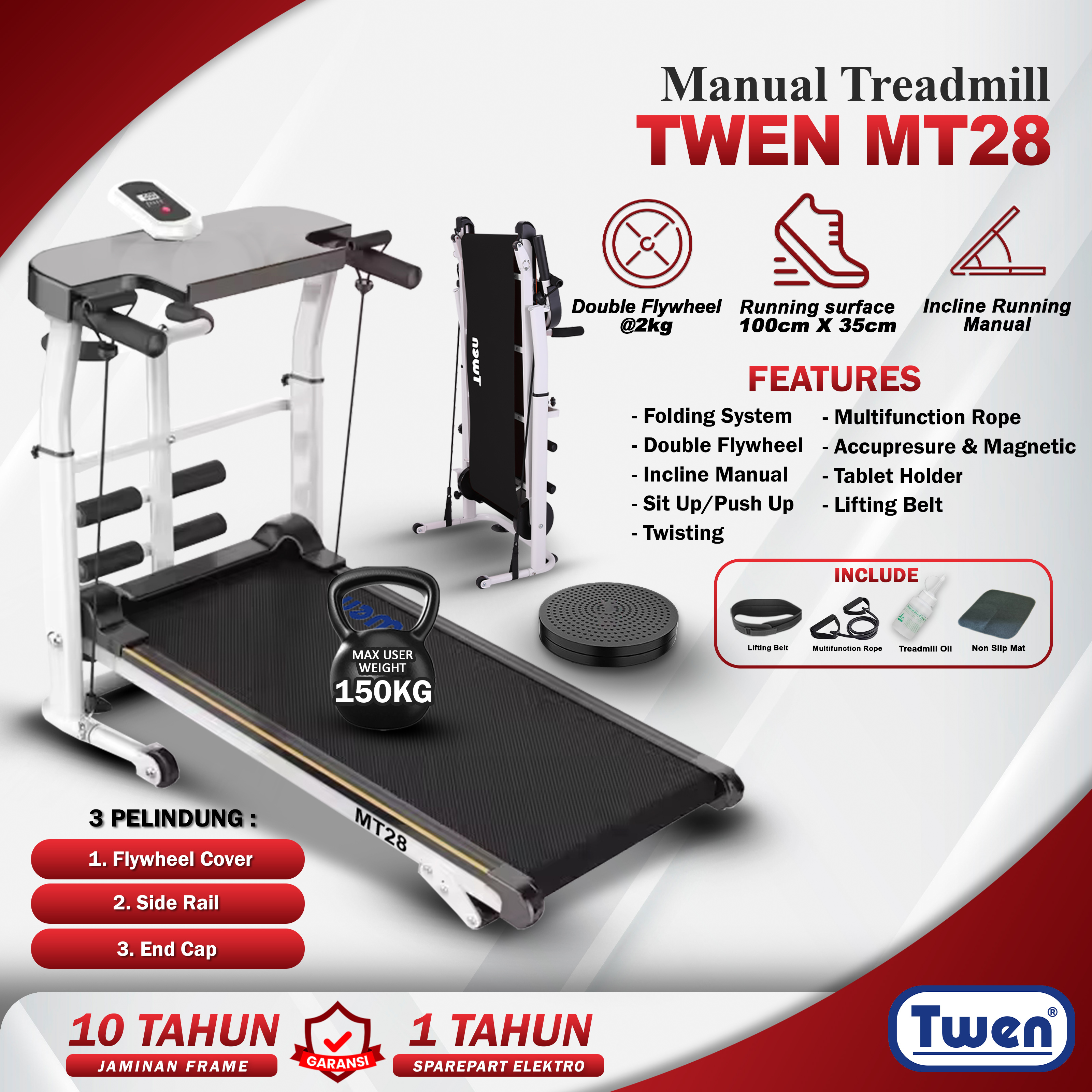 TWEN MT28 Putih 1th Treadmill Manual Multifungsi