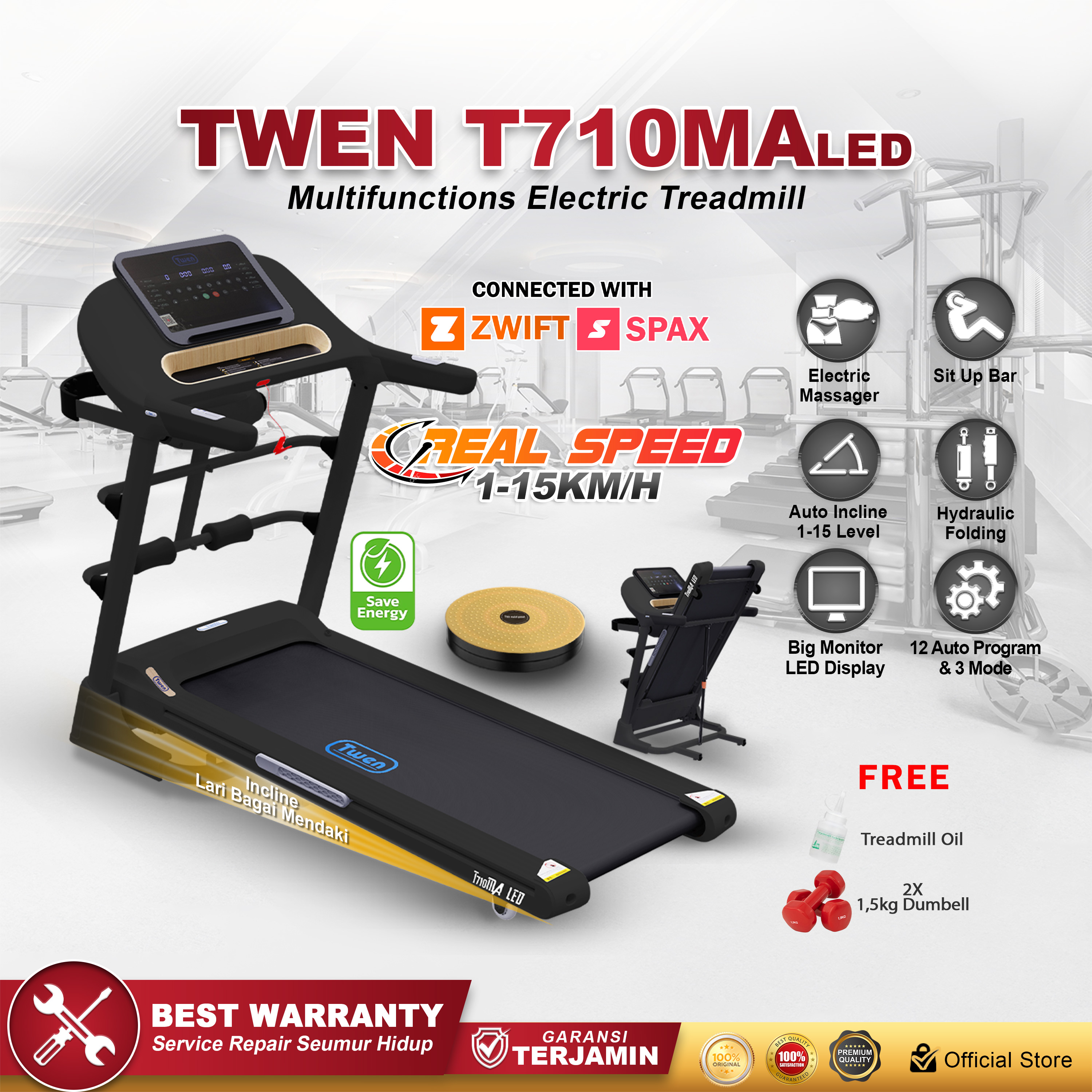 Twen T710MA LED Hitam Treadmill Elektrik Multifungsi