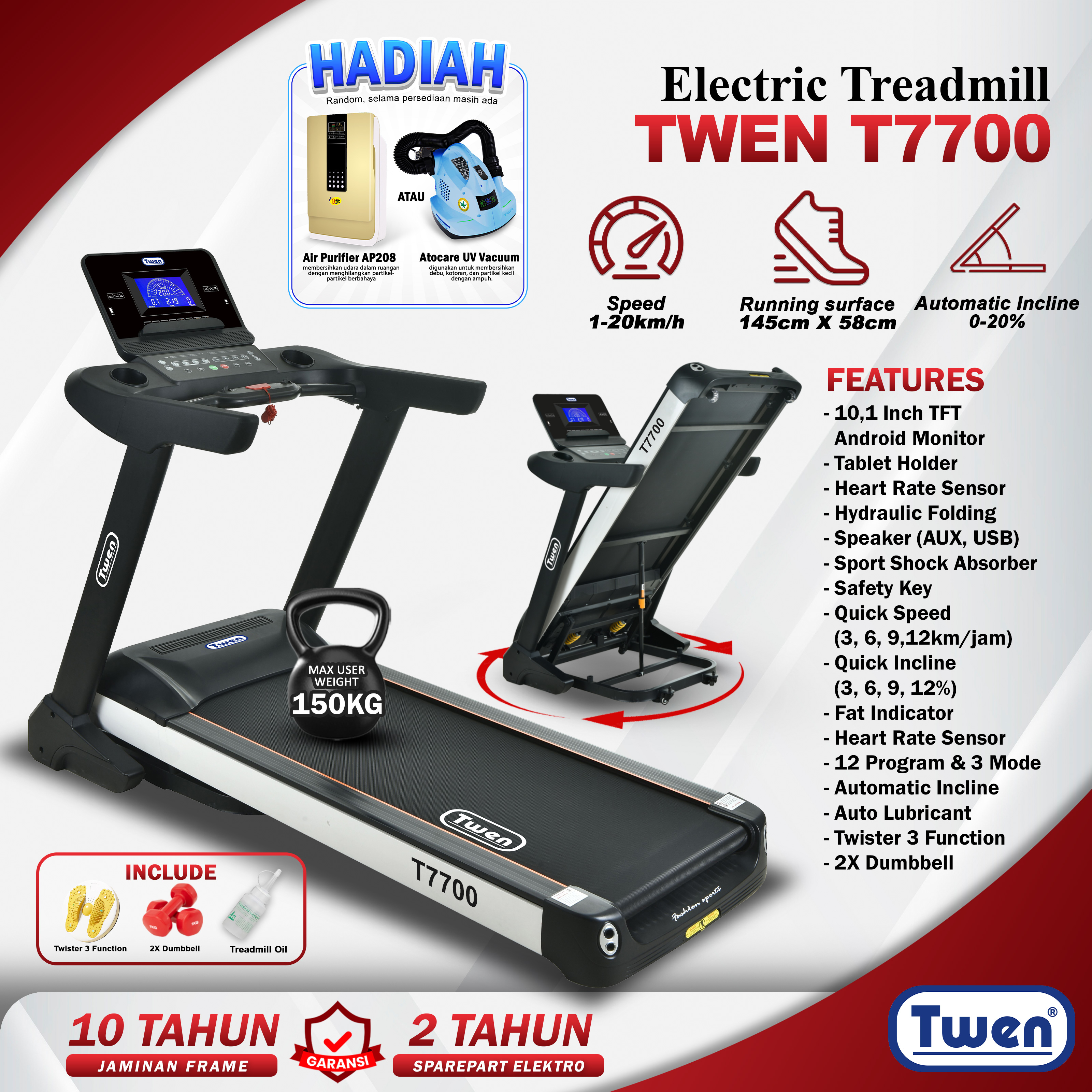 TWEN T7700 Treadmill Listrik Treadmill Multifungsi